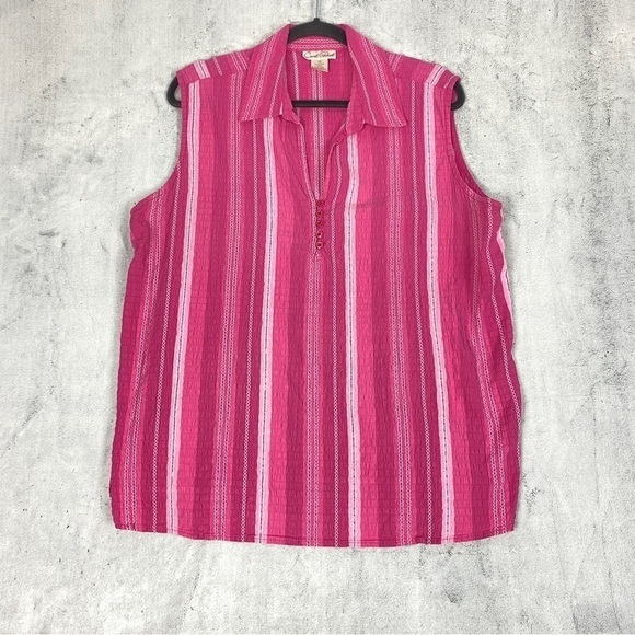 Carroll Reed Sleeveless Top Sz 1X Cotton Pink Seersucker Popover V Neck - Picture 9 of 9